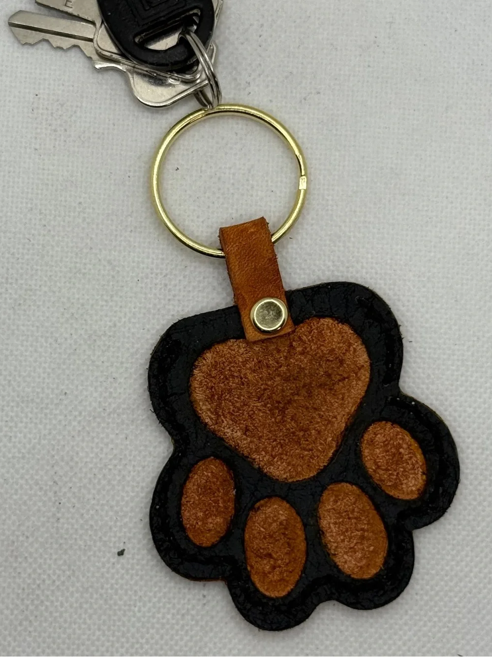 Handmade Leather Paw Print Keychain Black & Brown Dog Lover Key Ring